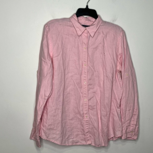 Chaps Tops - Chaps 100% linen button down shirt pink women’s size large natural fibers